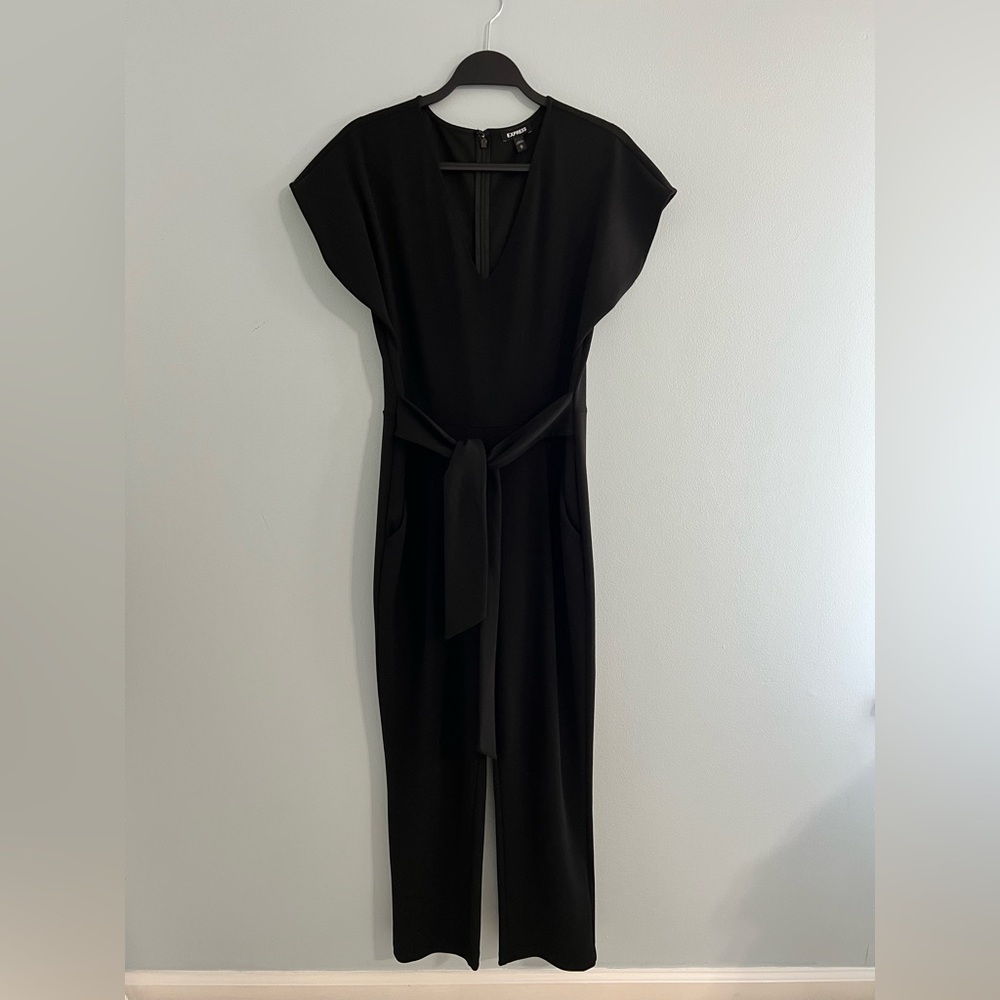 Express Black V-Neck Tie Waist Straight Leg Jumpsuit with Pockets, Medium - Picture 5 of 9